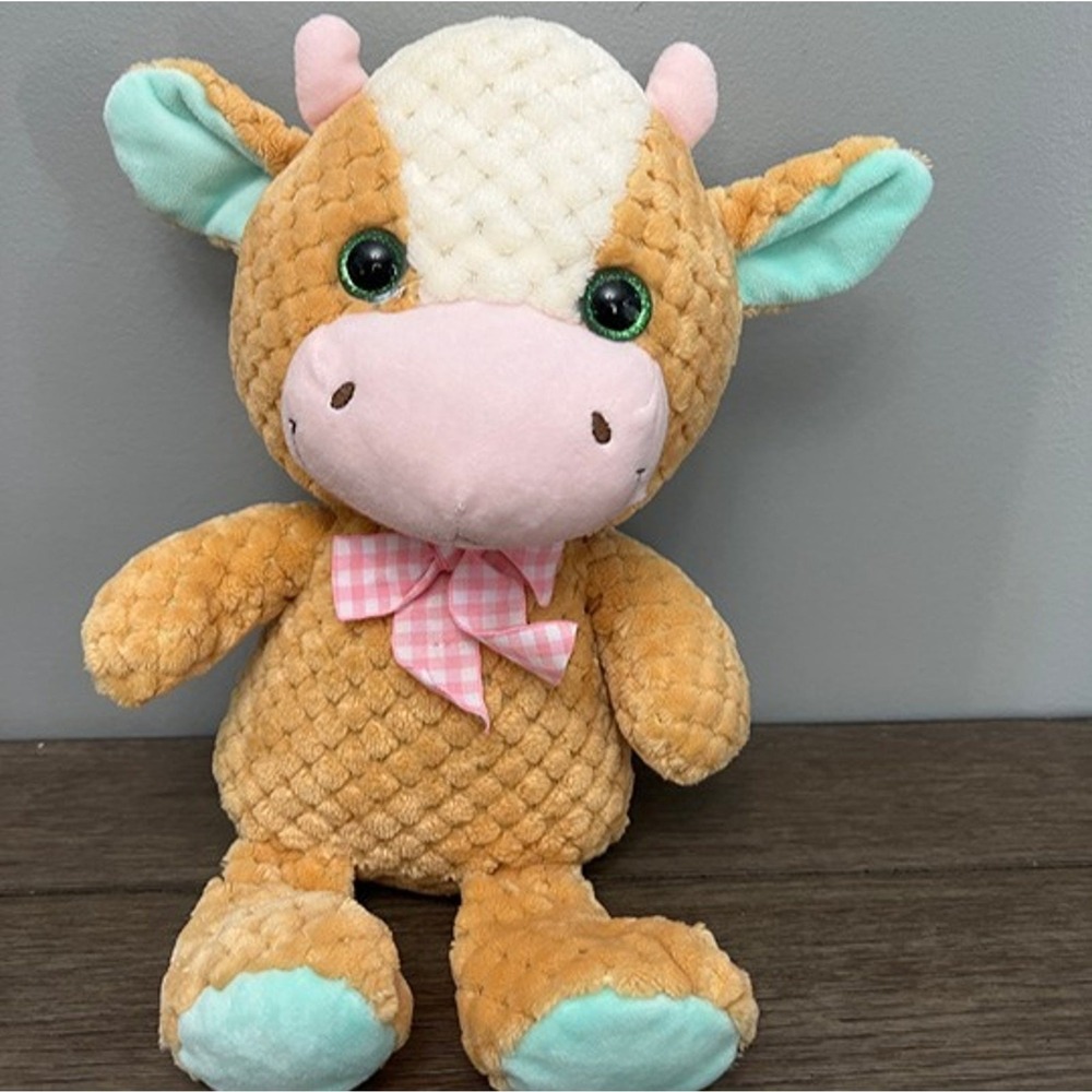 Kellytoy Cow Plush Tan Waffle Honeycomb Texture Stuffed Animal Gingham Bow Toy